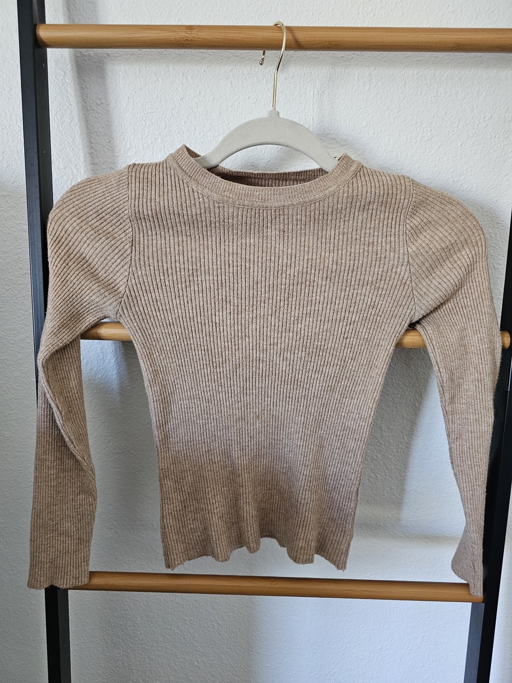 Ribbed Long Sleeve Crewneck Top - Beige